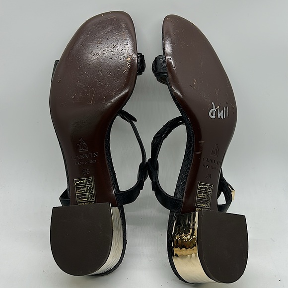 Lanvin Black Leather Gold Block Heel Sandals Shoes **Size 39/US Size 8** 🌺🌺 - Picture 8 of 9